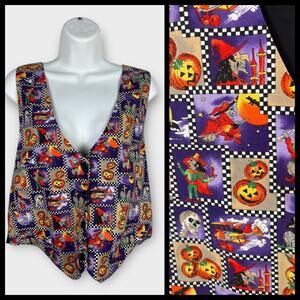 111 Main Vest Women Large Halloween Cartoon Patchwork Checker Print Colorful